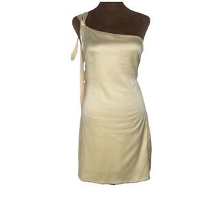 Asymmetrical One Shoulder Strapless Yellow Mini Dress SMALL Satin Strappy Tie